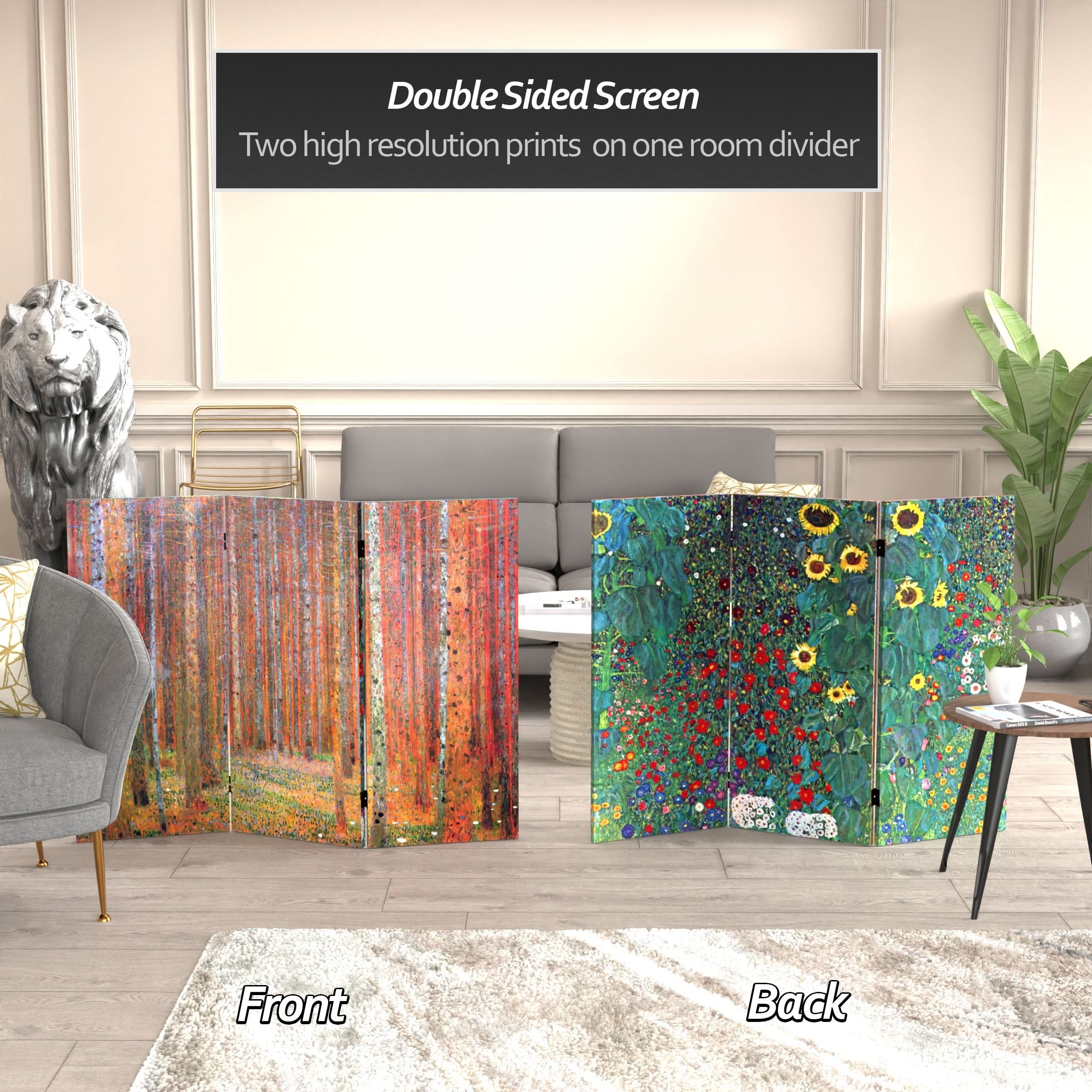 3 ft. Short Double Sided Works of Klimt Canvas Folding Screen - Tannenwald/Farm Garden - Image 2