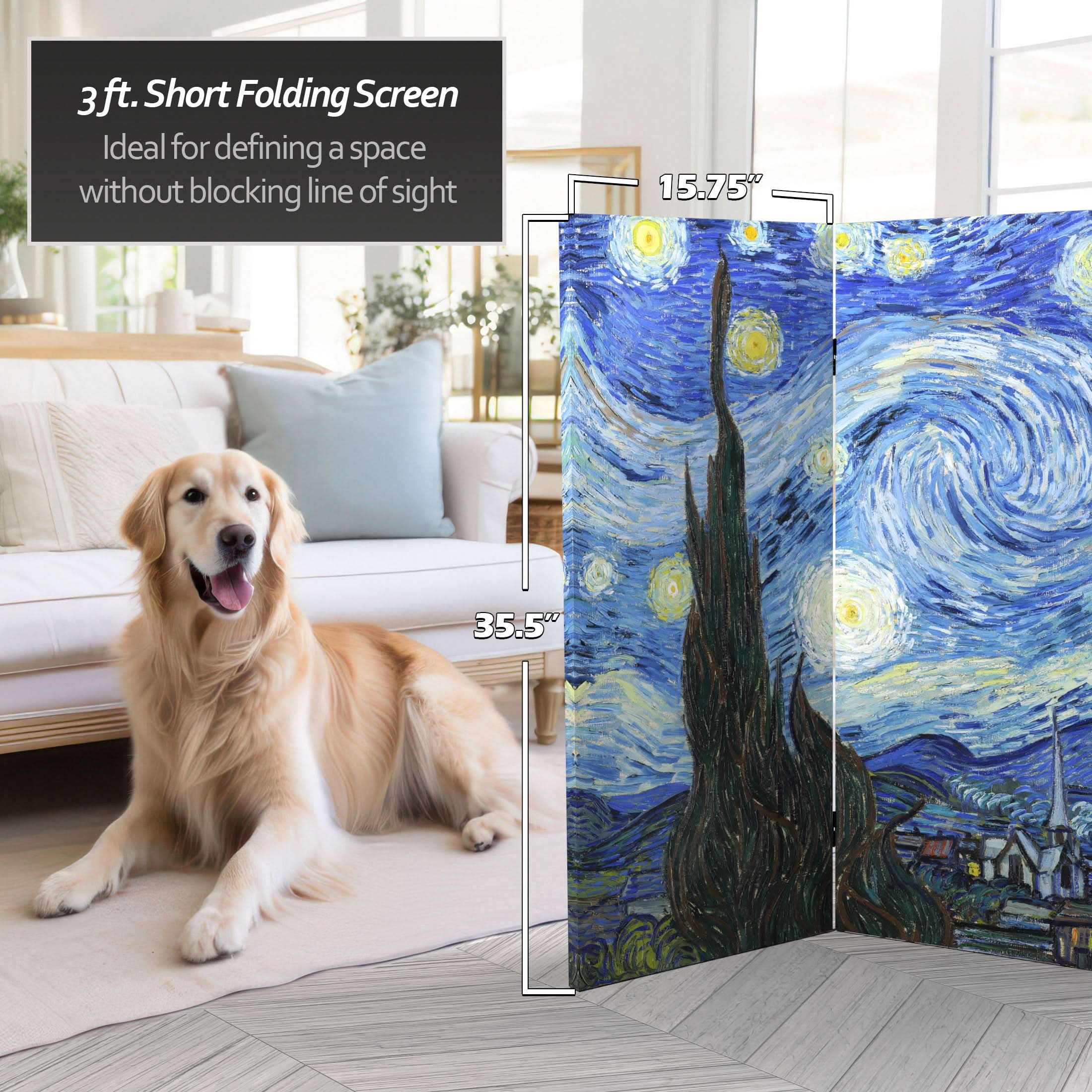 3 ft. Short Double Sided Works of Van Gogh Canvas Folding Screen - Starry Night/Sunflowers - Image 5
