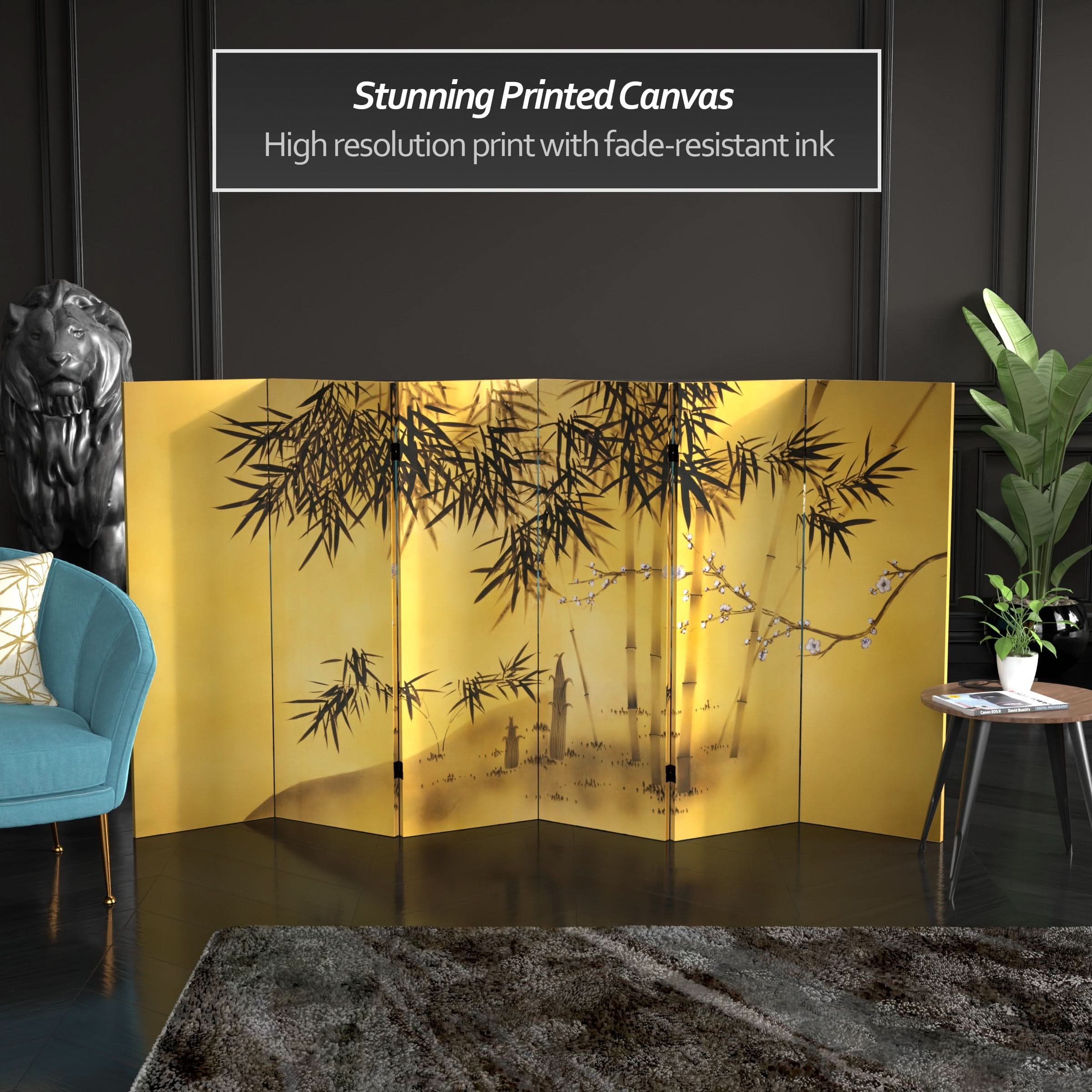 4 ft. Short Double Sided Bamboo Tree Canvas Folding Screen - Image 2