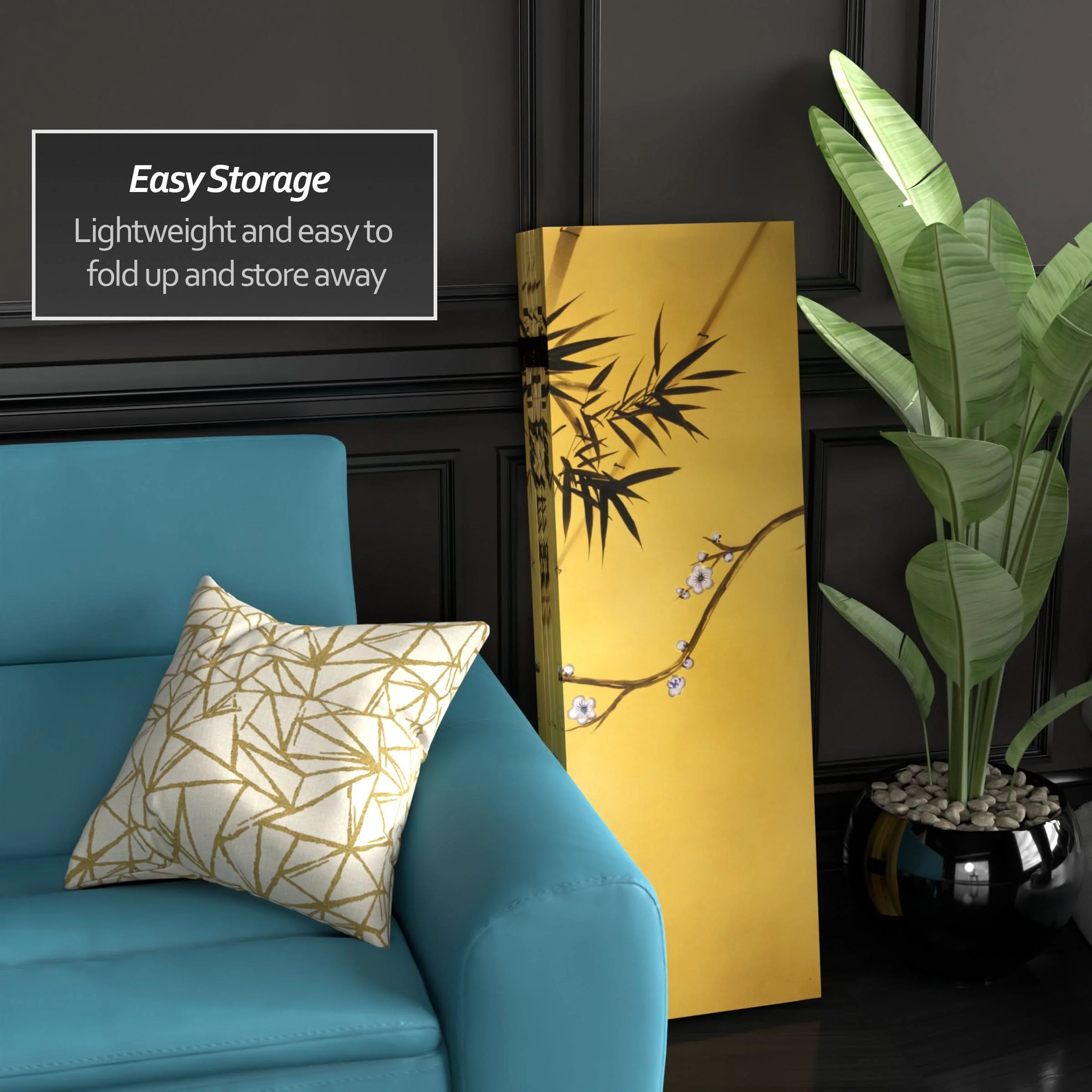 4 ft. Short Double Sided Bamboo Tree Canvas Folding Screen - Image 3
