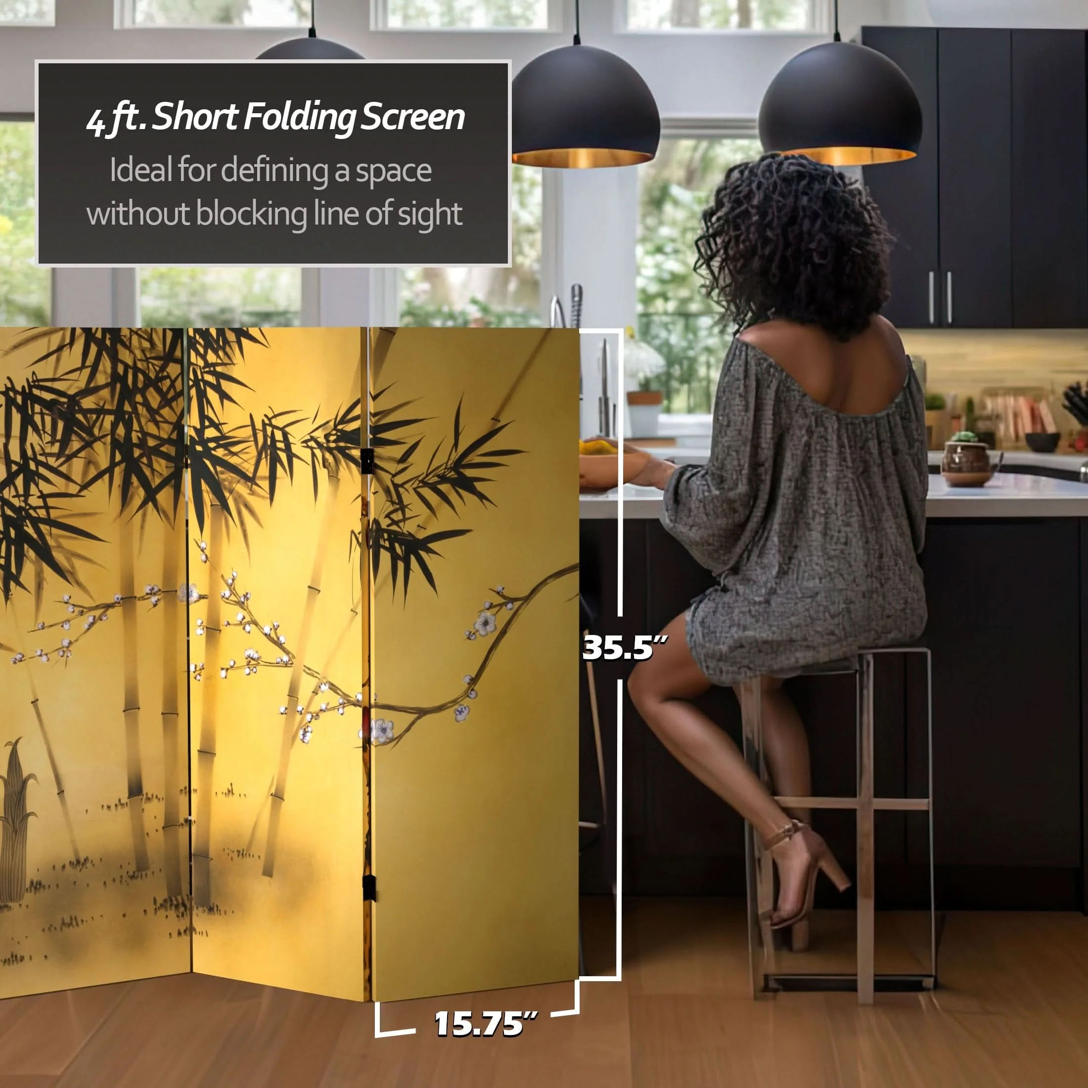 4 ft. Short Double Sided Bamboo Tree Canvas Folding Screen - Image 5