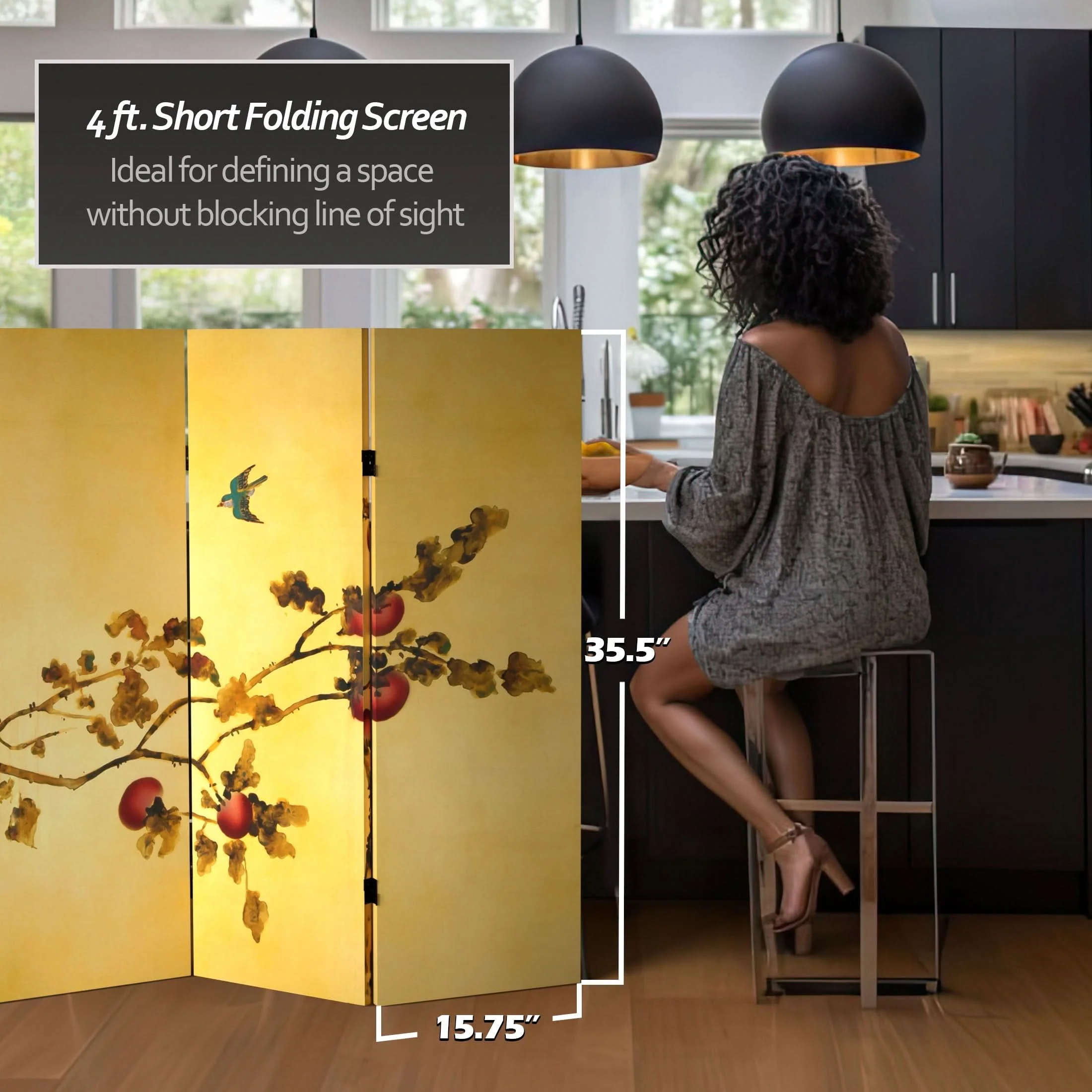 4 ft. Short Double Sided Plum Tree Canvas Folding Screen - Image 5