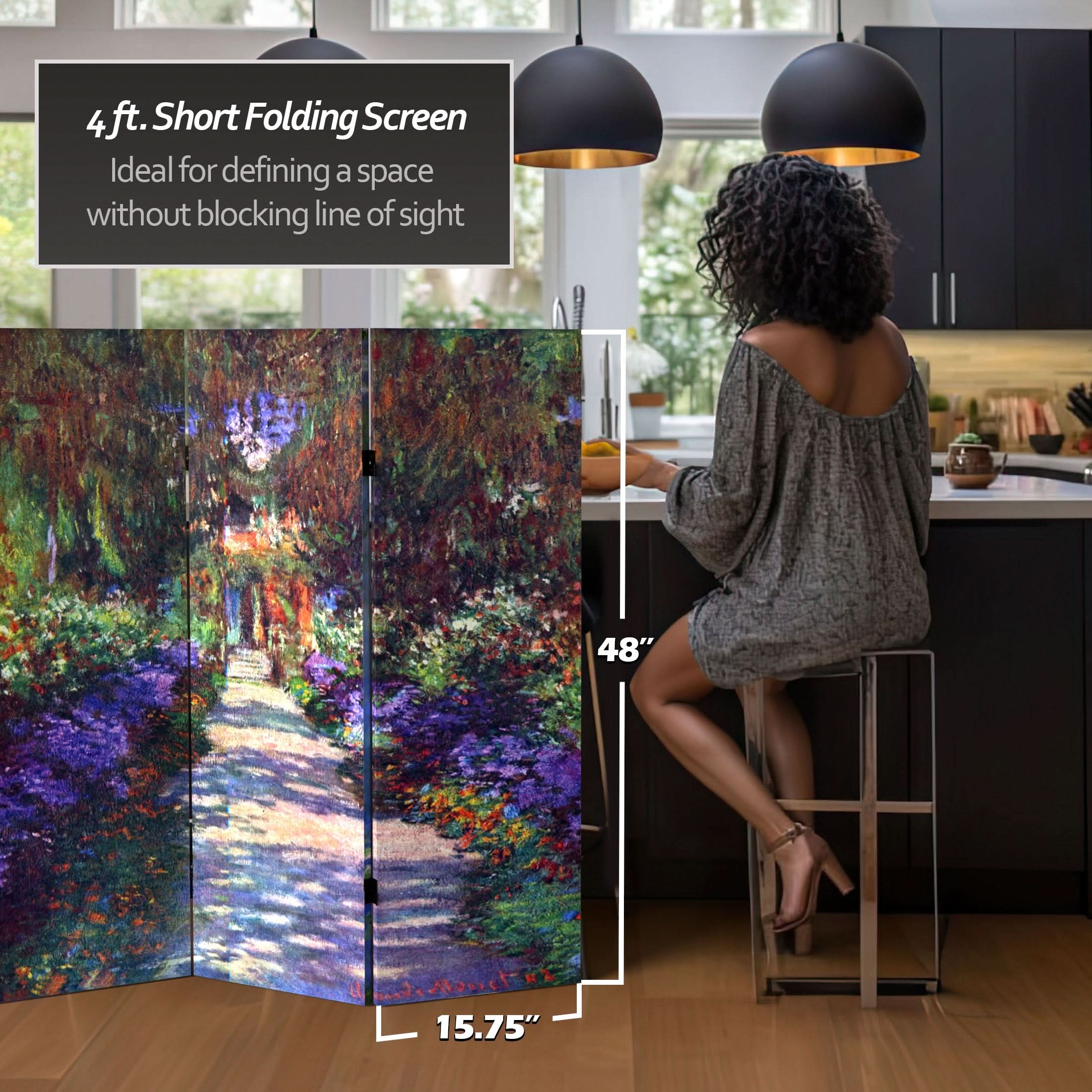 4 ft. Short Double Sided Works of Monet Canvas Folding Screen - Lilies/Garden at Giverny - Image 5