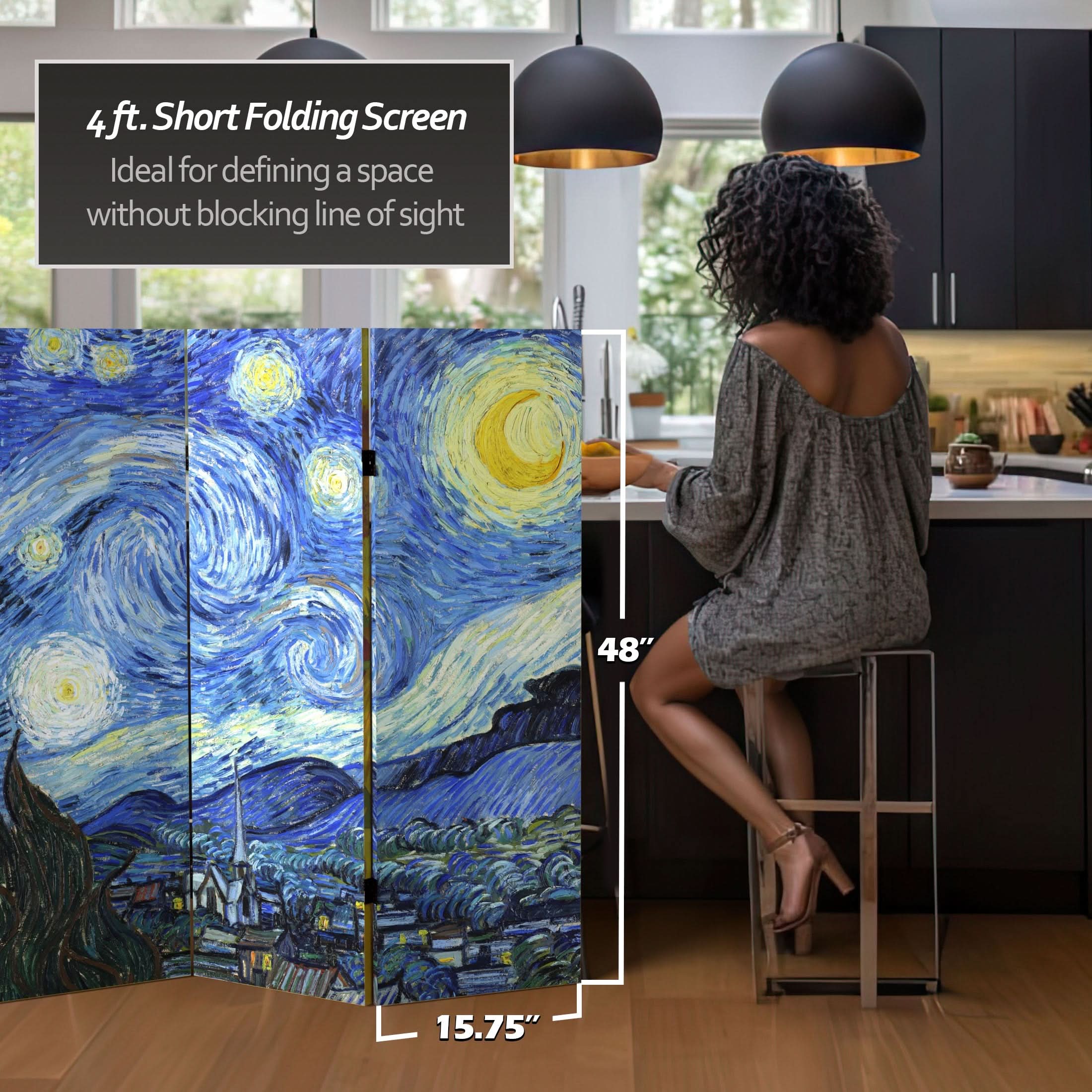 4 ft. Short Double Sided Works of Van Gogh Canvas Folding Screen - Starry Night/Sunflowers - Image 5
