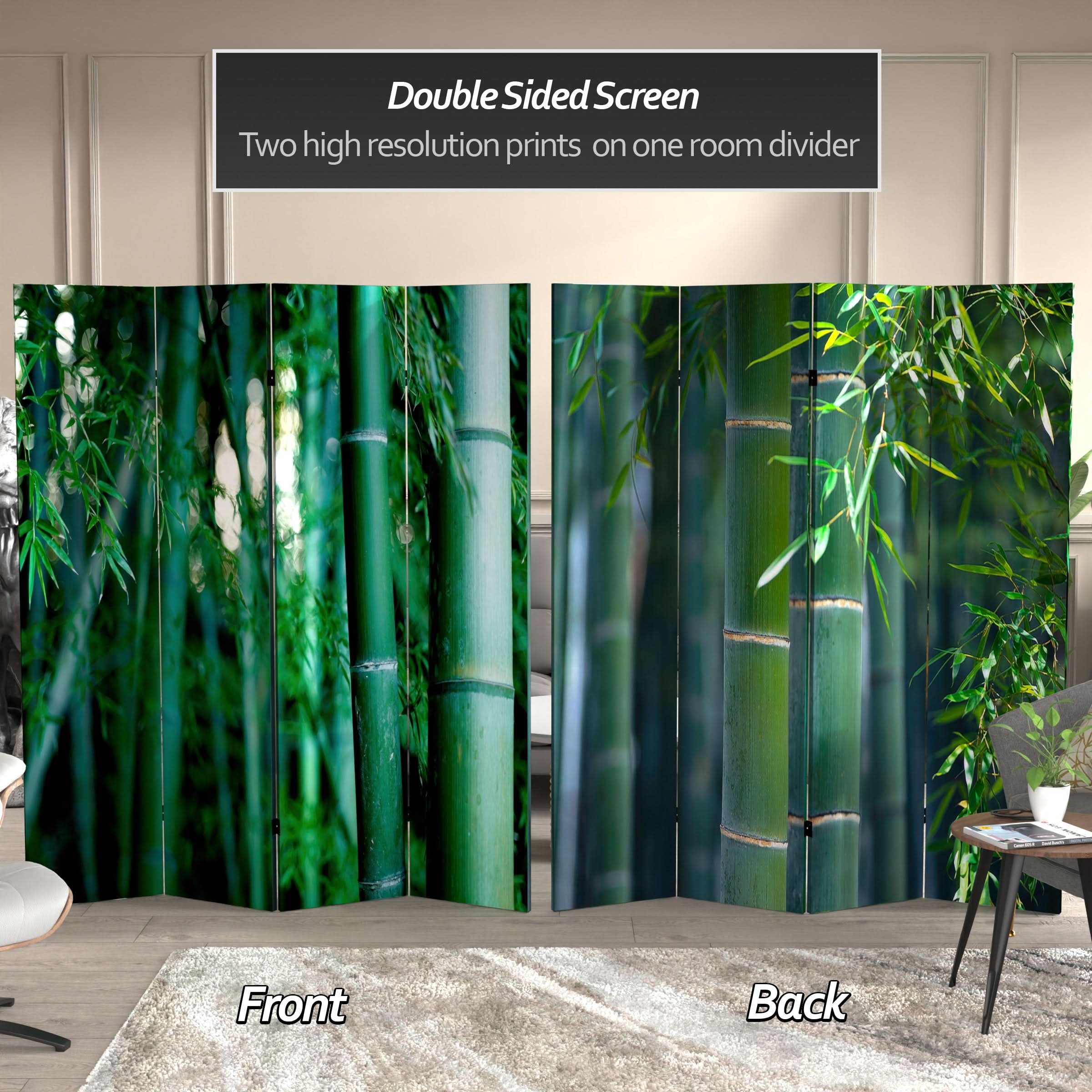 6 ft. Tall Double Sided Bamboo Tree Canvas Room Divider 4 Panel - Image 2