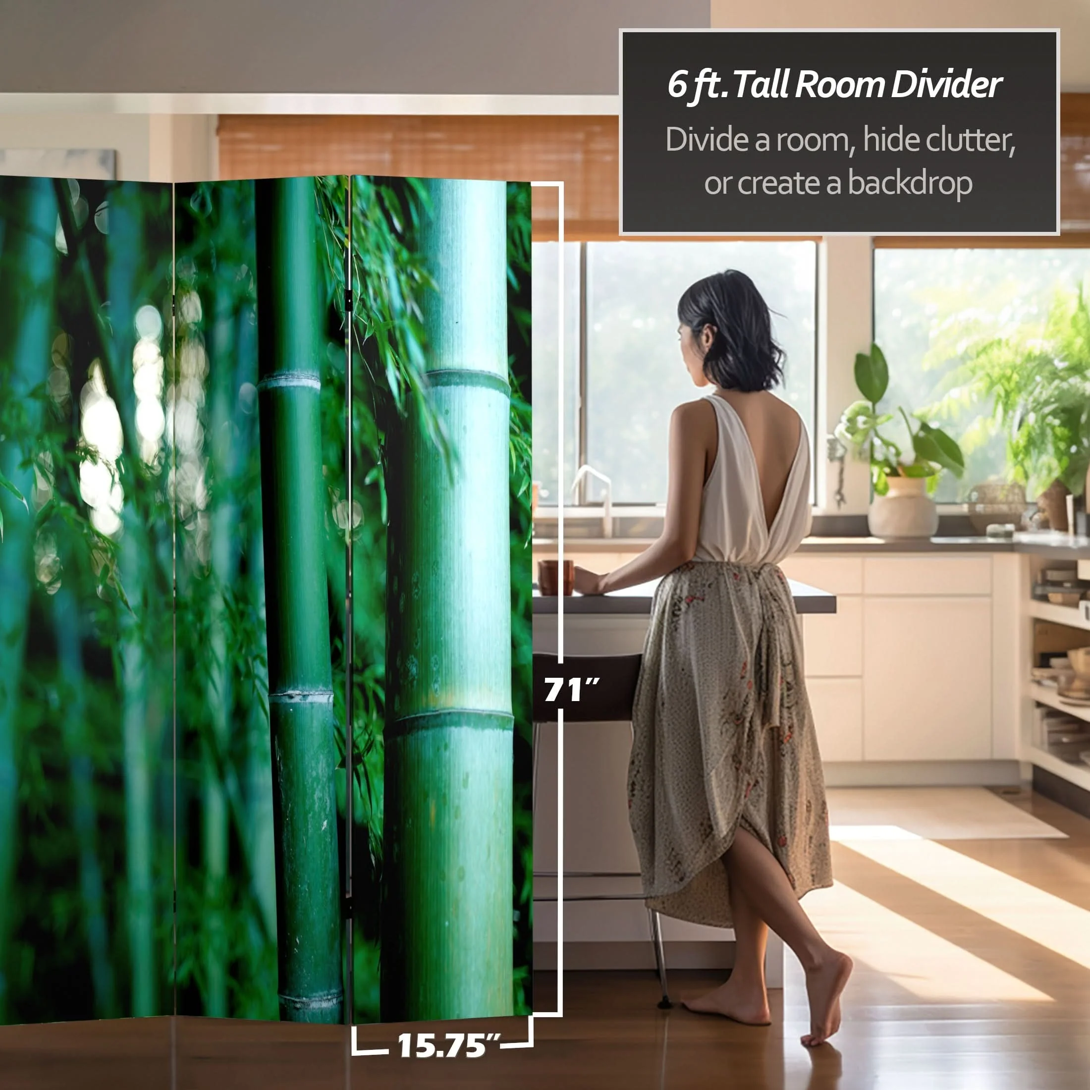 6 ft. Tall Double Sided Bamboo Tree Canvas Room Divider 4 Panel - Image 5