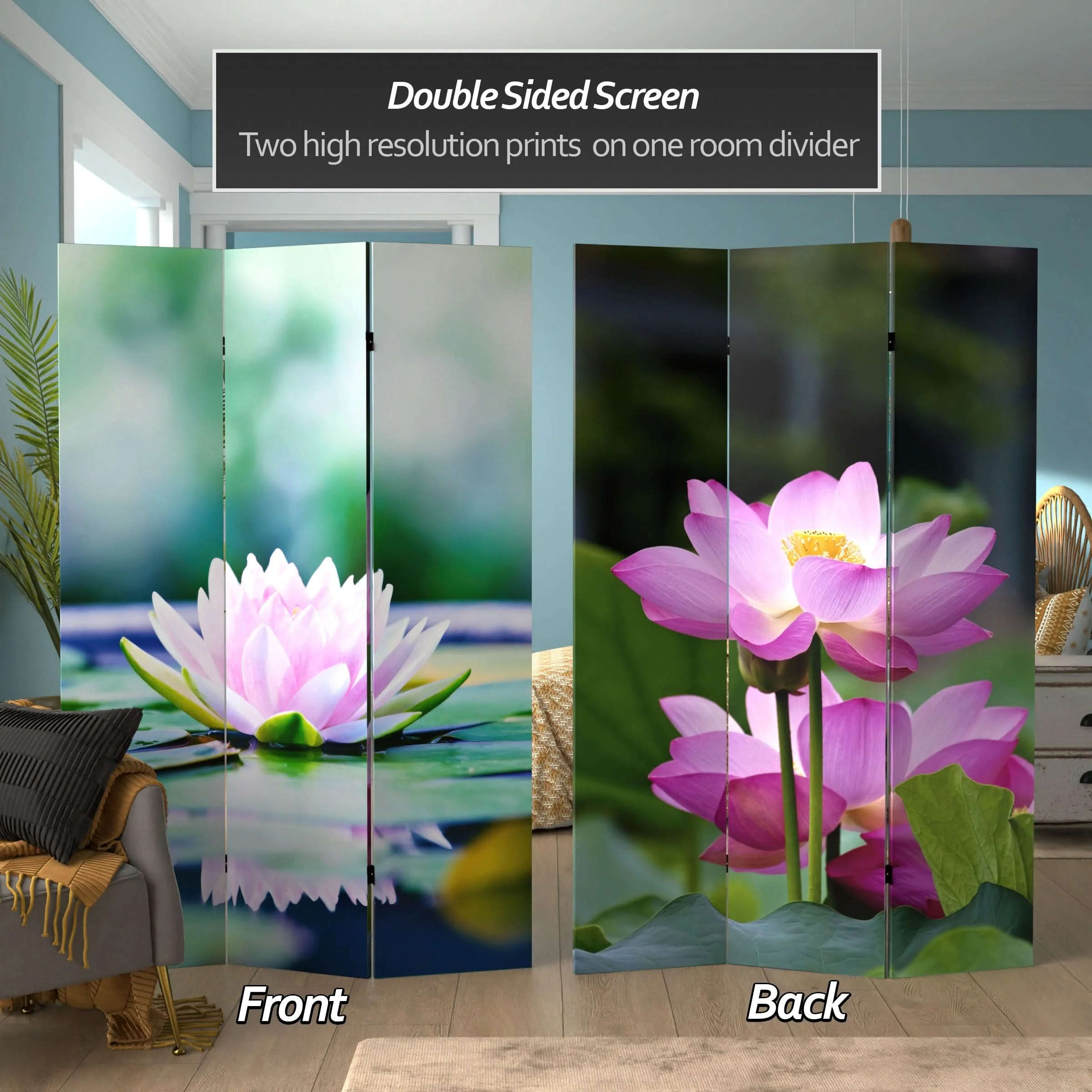 6 ft. Tall Double Sided Lotus Blossom Canvas Room Divider - Image 2