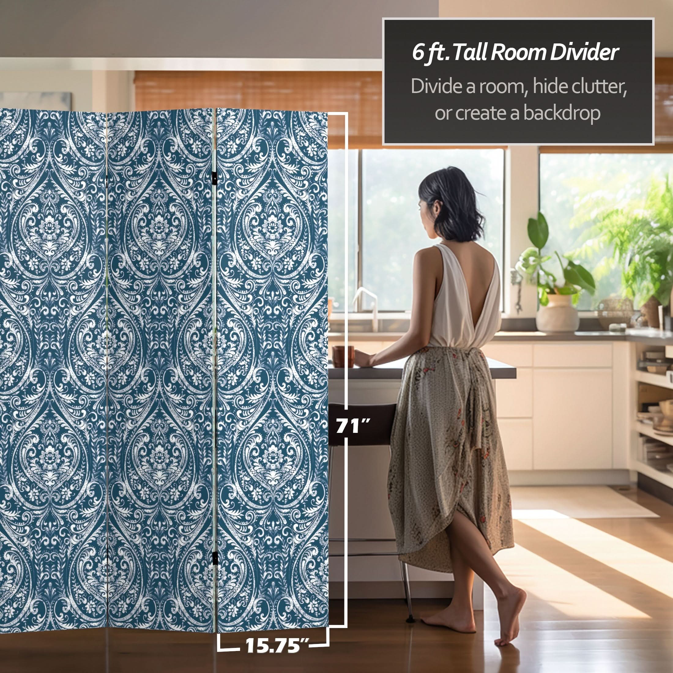 6 ft. Tall Double Sided Ocean Damask Canvas Room Divider - Image 5
