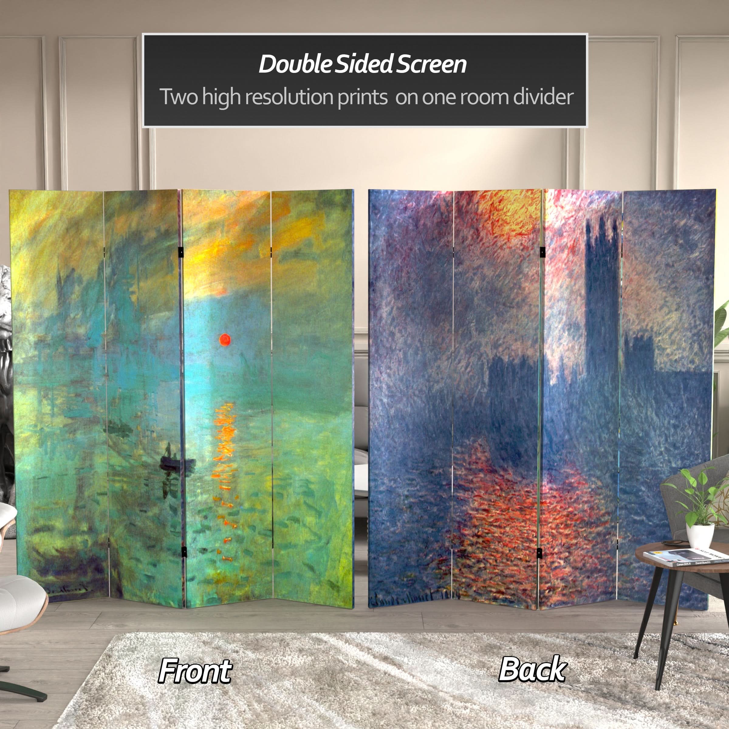 6 ft. Tall Double Sided Works of Monet Canvas Room Divider - Impression Sunrise/Houses of Parliament - Image 2
