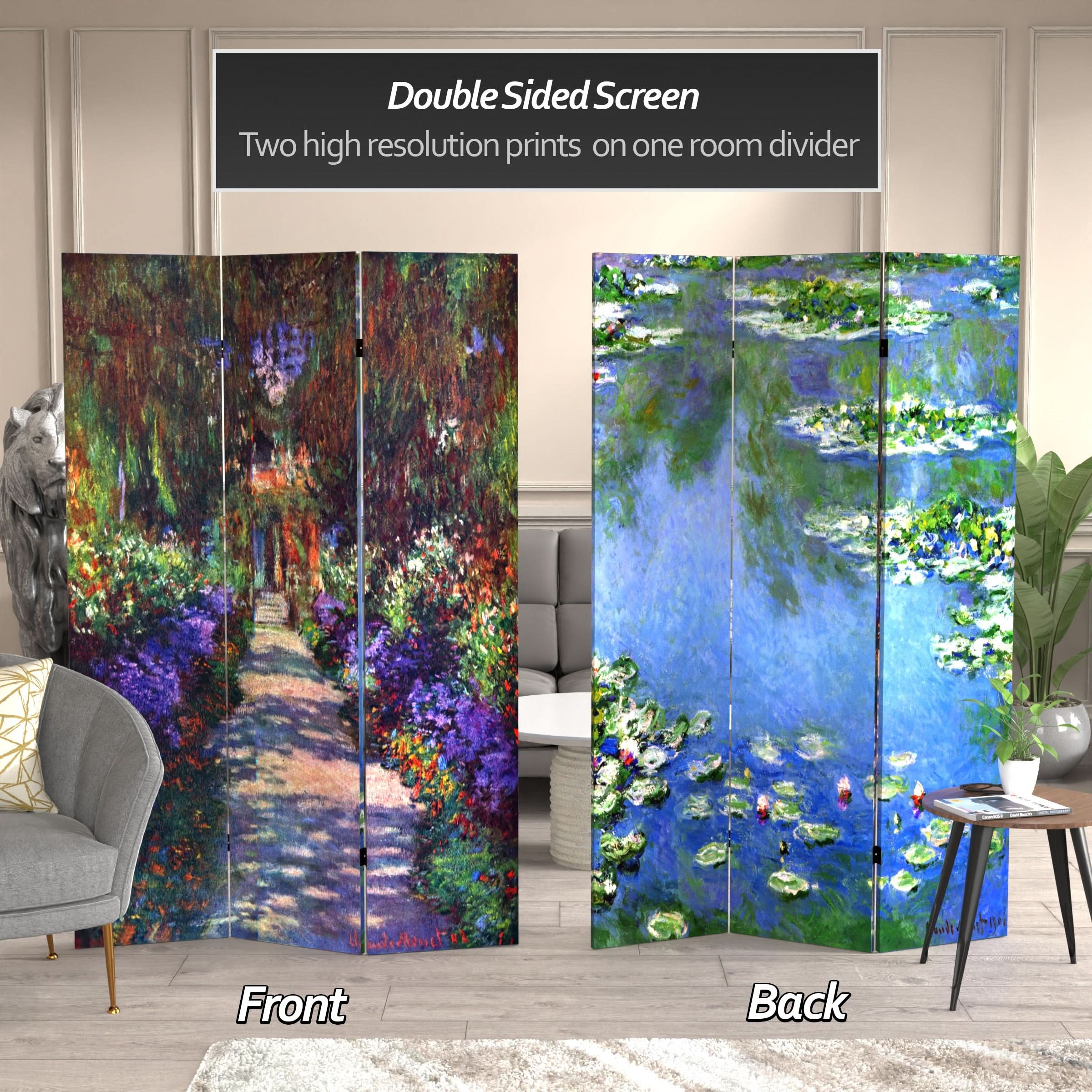 6 ft. Tall Double Sided Works of Monet Canvas Room Divider - Lilies/Garden at Giverny - Image 2