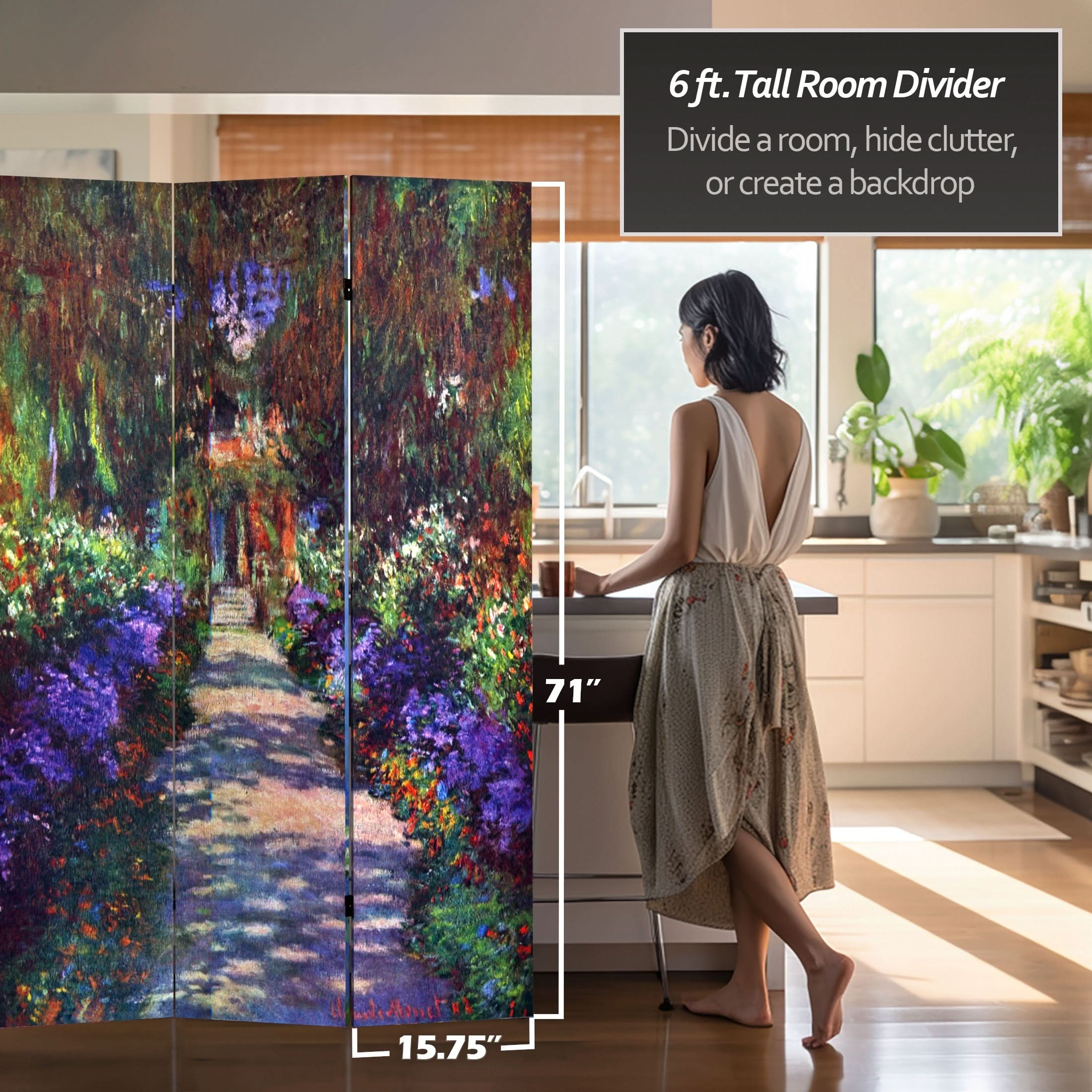 6 ft. Tall Double Sided Works of Monet Canvas Room Divider - Lilies/Garden at Giverny - Image 4