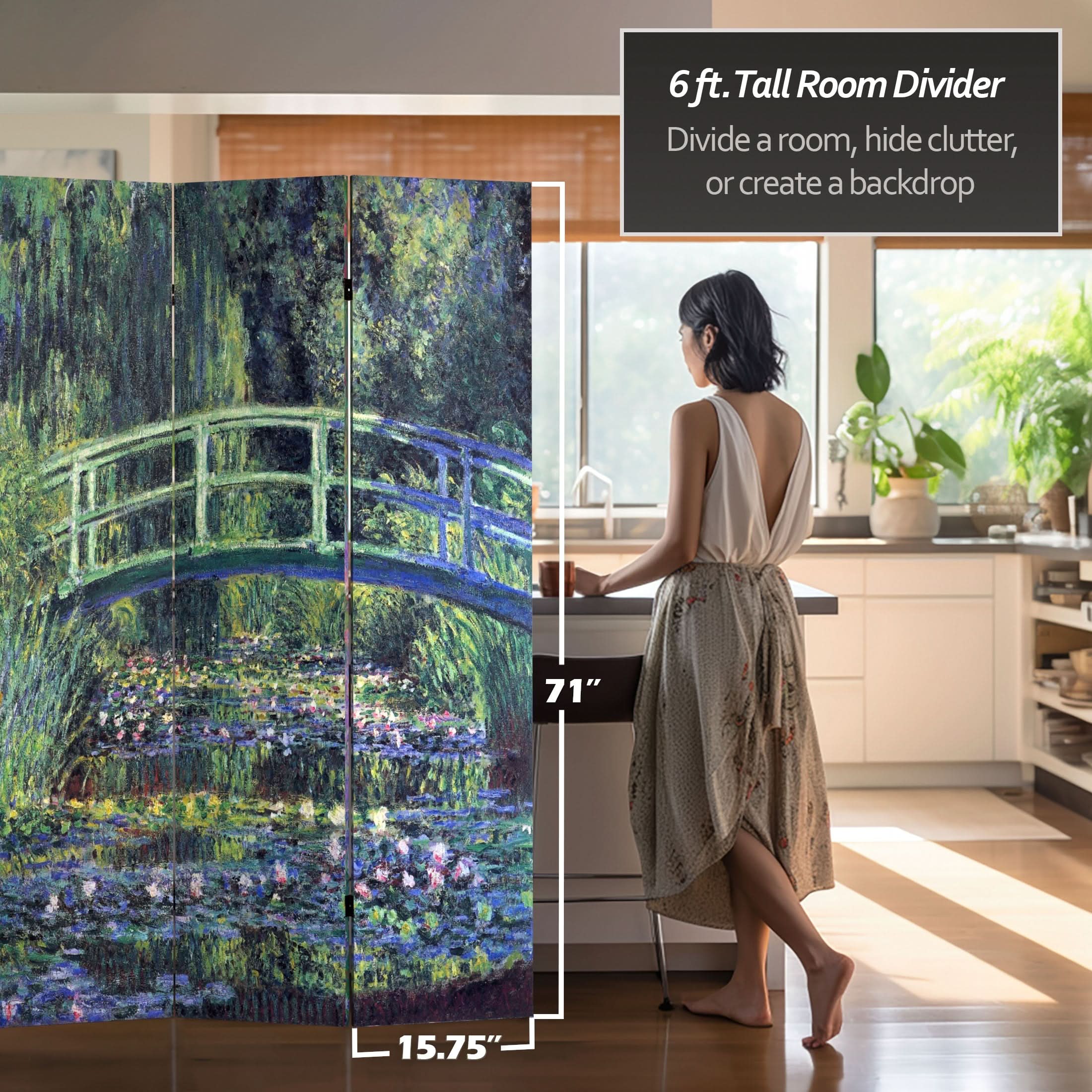 6 ft. Tall Double Sided Works of Monet Canvas Room Divider - Water Lily/Garden - Image 4
