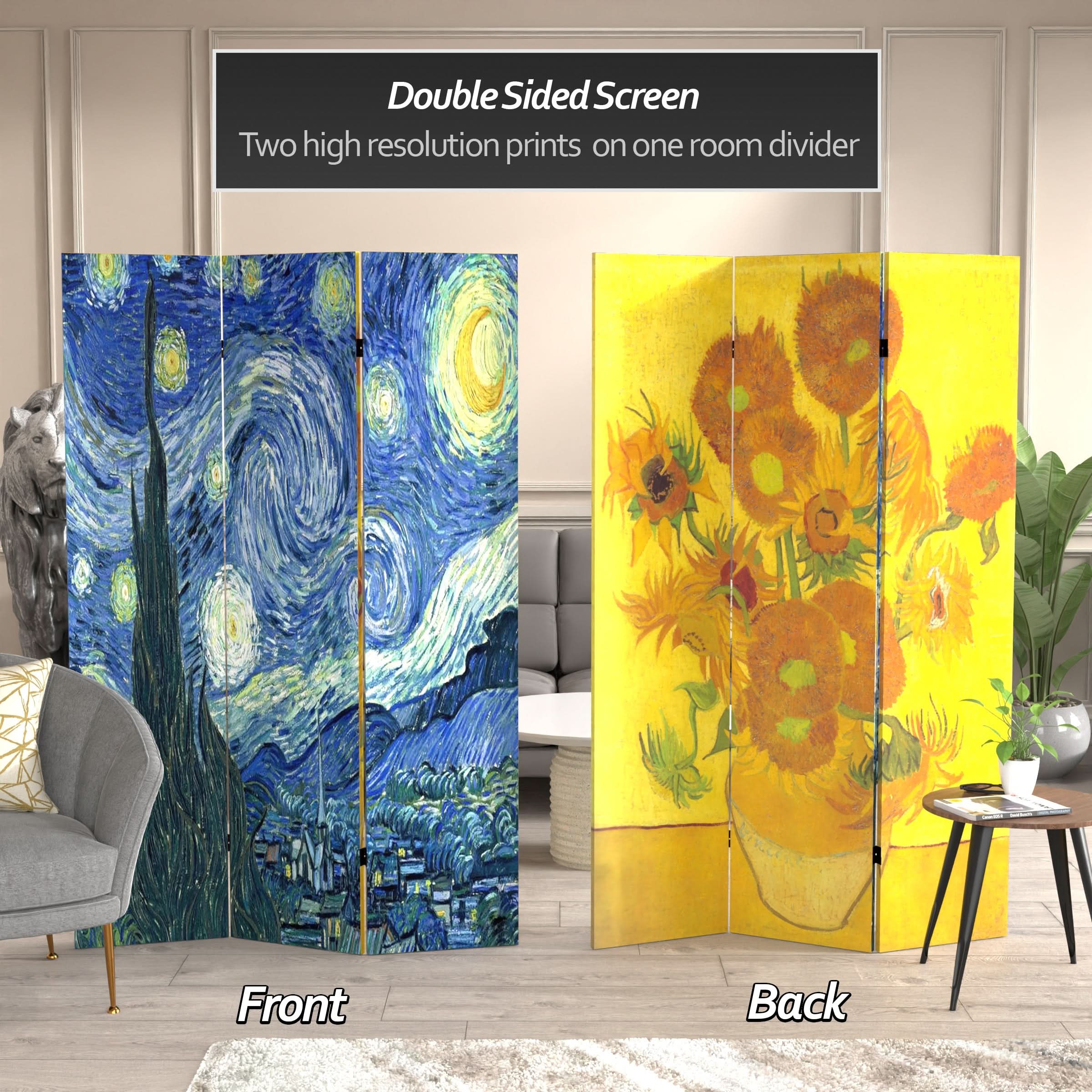6 ft. Tall Double Sided Works of Van Gogh Canvas Room Divider - Starry Night/Sunflowers - Image 2